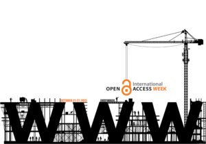 Open Access Week logo for 2013. Three Ws in the front with a crane lowering the text 'International Open Access Week' and the symbol for an unlocked lock onto the Ws.