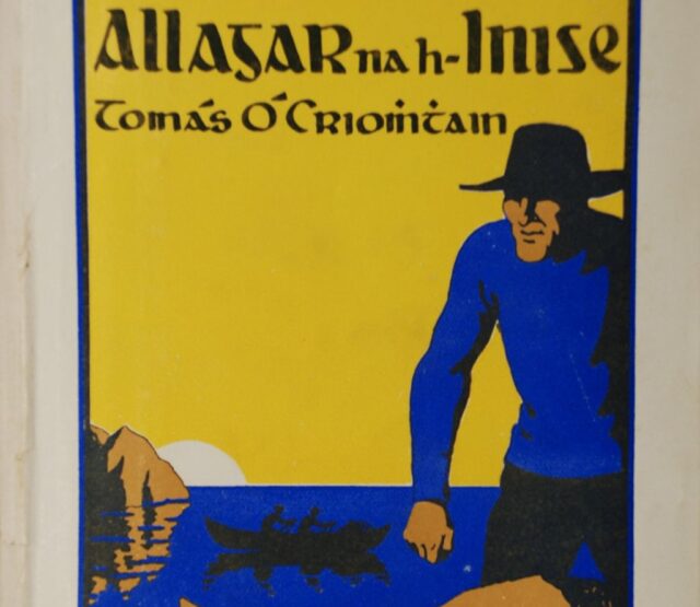 The front cover of Allagar na hInise shows a man by rocks near the sea.