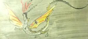 Tolkien sketch of a dragon with yellow wings and breathing fire.