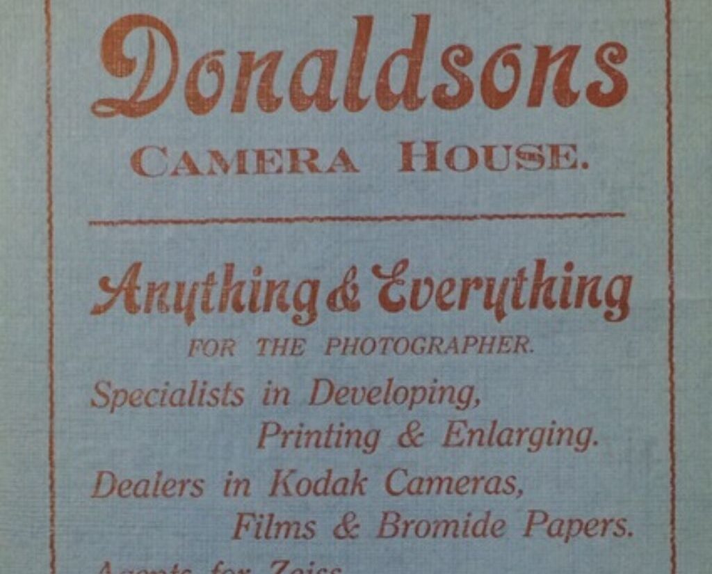 Advertisement for Donaldsons Camera House listing what they sell.