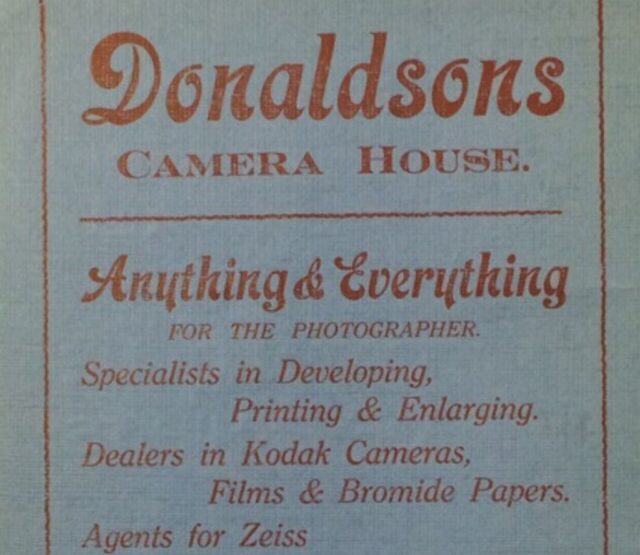 Advertisement for Donaldsons Camera House listing what they sell.