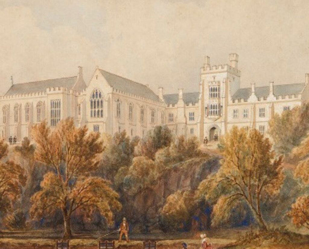 19th century view of UCC's quad and Aula Maxima from the perspective of the river in the lower grounds.