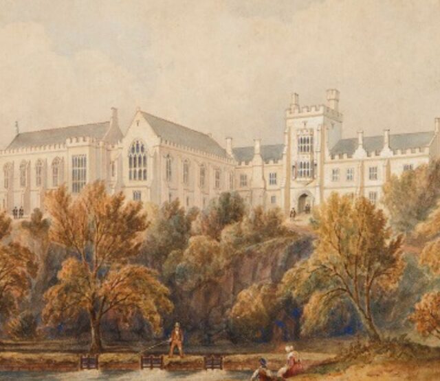 19th century view of UCC's quad and Aula Maxima from the perspective of the river in the lower grounds.