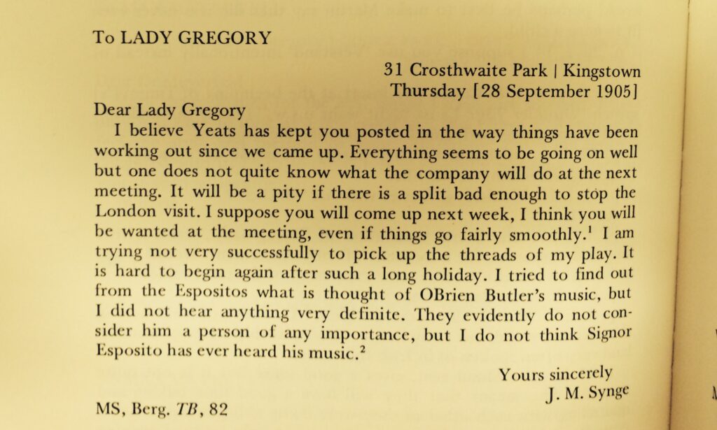 Letter from Synge to Lady Gregory [28 Sept 1905] p.134 Vol 1