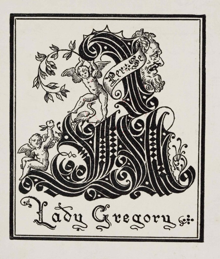 Lady Gregory's bookplate in Popular Tales of the West Highlands.