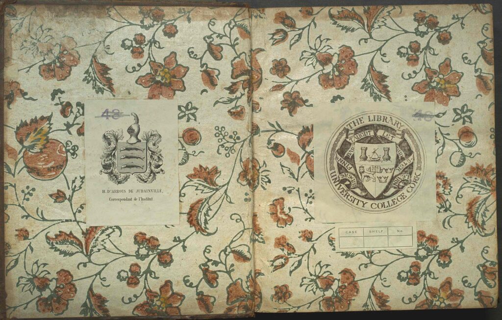 Patterned endpapers showing Arbois de Jubainville’s bookplate and UCC Library’s bookplate designed by Robert Gibbings in Histoire des Celtes: et particulièrement des Gaulois et des Germains.