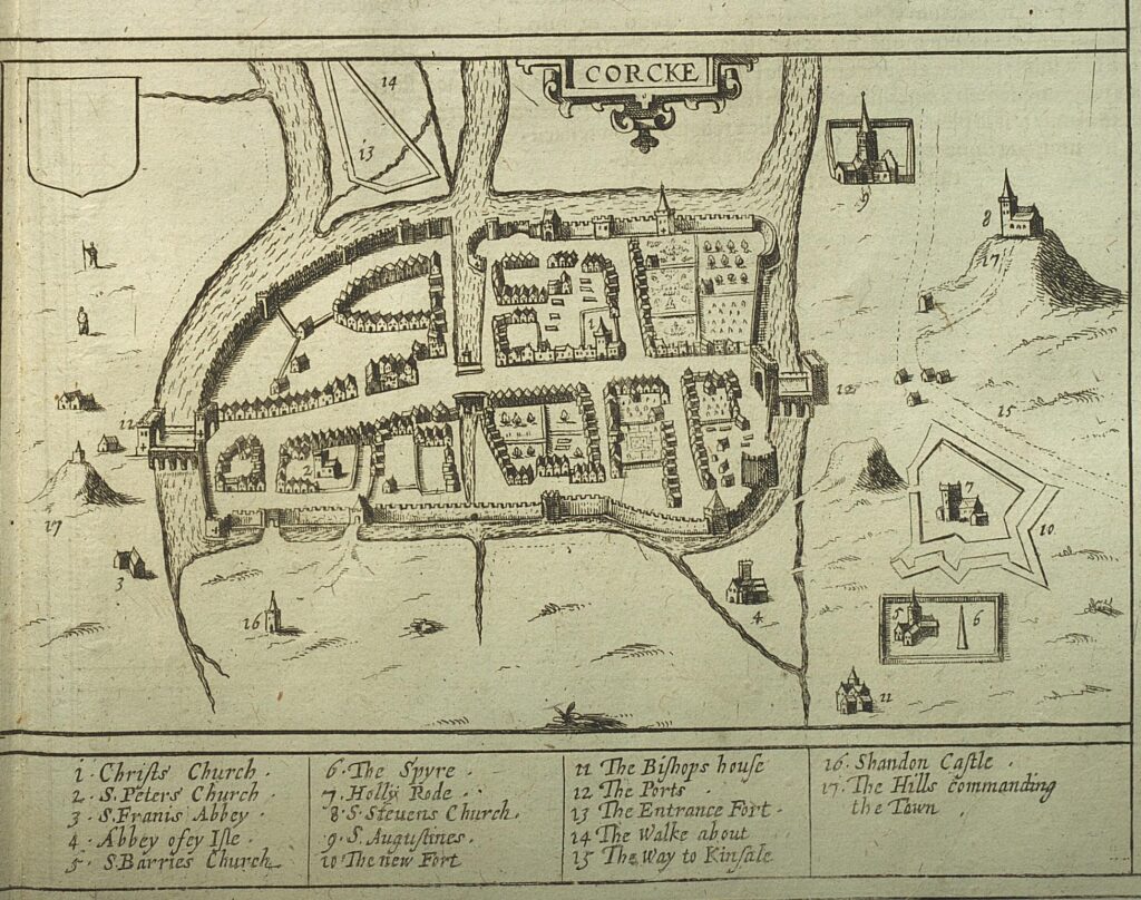 Map of Cork from Civitates orbis terrarvm. The map is orientated west / east. Shown is North & South Main Streets. 