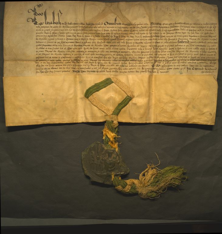 Vellum document with attached seal of a royal letters patent creating Sir Maurice FitzGerald Baron of Drommana and Viscount of Decies.