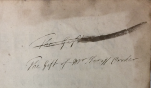 Sheriff Croker's signature on end-papers of 'A Relation of the Conference betweene William Lawd.'