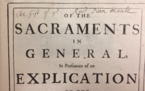 Rev. Henry Maule’s signature above the title on the title page 'Of the Sacraments in General.'
