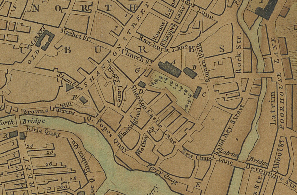 The image is an excerpt from William Beauford's 1801 map of Cork City. The Green Coat Hospital & School is present on the map  as building 'B'. The Green Coat Hospital is adjacent to Shandon Church.