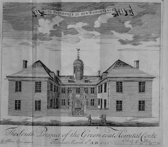 Architectural print of the "South Prospect of the Green Coat Hospital, Cork." taken from 'Pietas Corcagiensis'. The building is large with two wings and a turret in the centre of the roof. On the turret is a weather vane. Over the print of the building is the motto 'God's providence is our inheritance'.