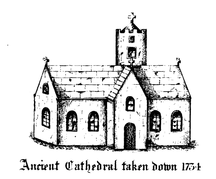 Image of an early cathedral on the site of the modern St Fin Barre's Cathedral in Cork. 