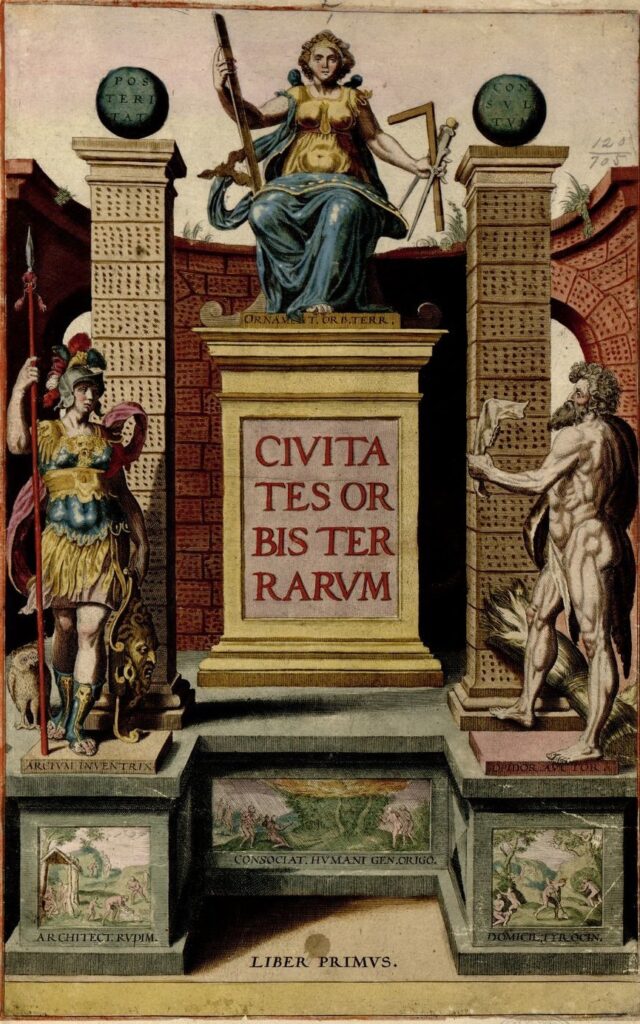 The title page to the Civitates orbis terrarum showing the Great Mother deity, holding instruments vital for the design and construction of buildings.