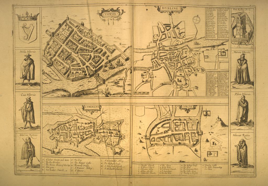 Page with maps of four Irish cities (Dublin, Galway, Limerick and Cork) in Civitates Orbis Terrarum, Cologne, 1618, edited by Georg Braun, engravings by Abraham Hogenberg. Special Collections, UCC Library.