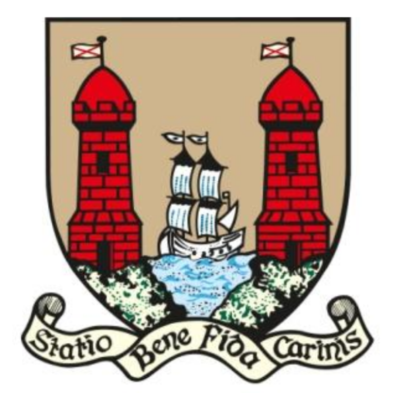 Logo of Cork showing a ship sailing between two towers.