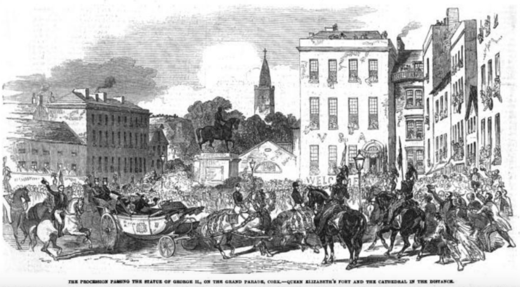 Images of Queen Victoria's visit to Cork in 1848 showing her procession on the corner of Grand Parade and South Mall.