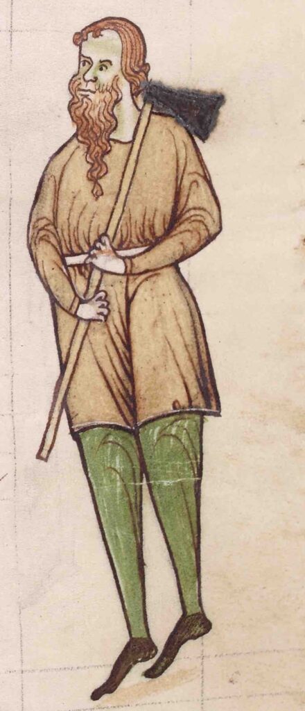Detail from NLI MS 700 showing a man holding a hoe over his shoulder.