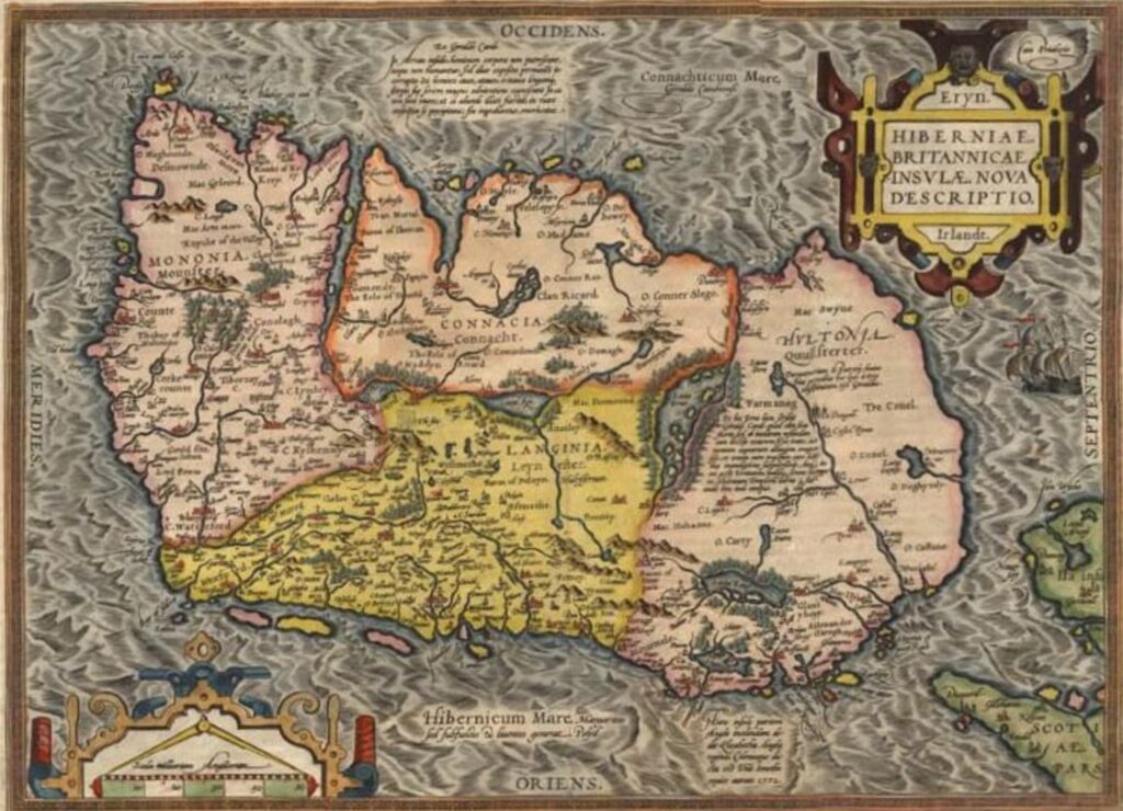 Map of Ireland from Ortelius' Theatrum Orbis Terrarum. The image is turned around so that the south of the country is placed where the west is normally.