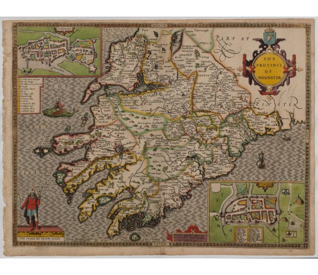 Map of Munster by John Speed. Two maps of Limerick and Cork are in the top left and bottom right corners respectively.