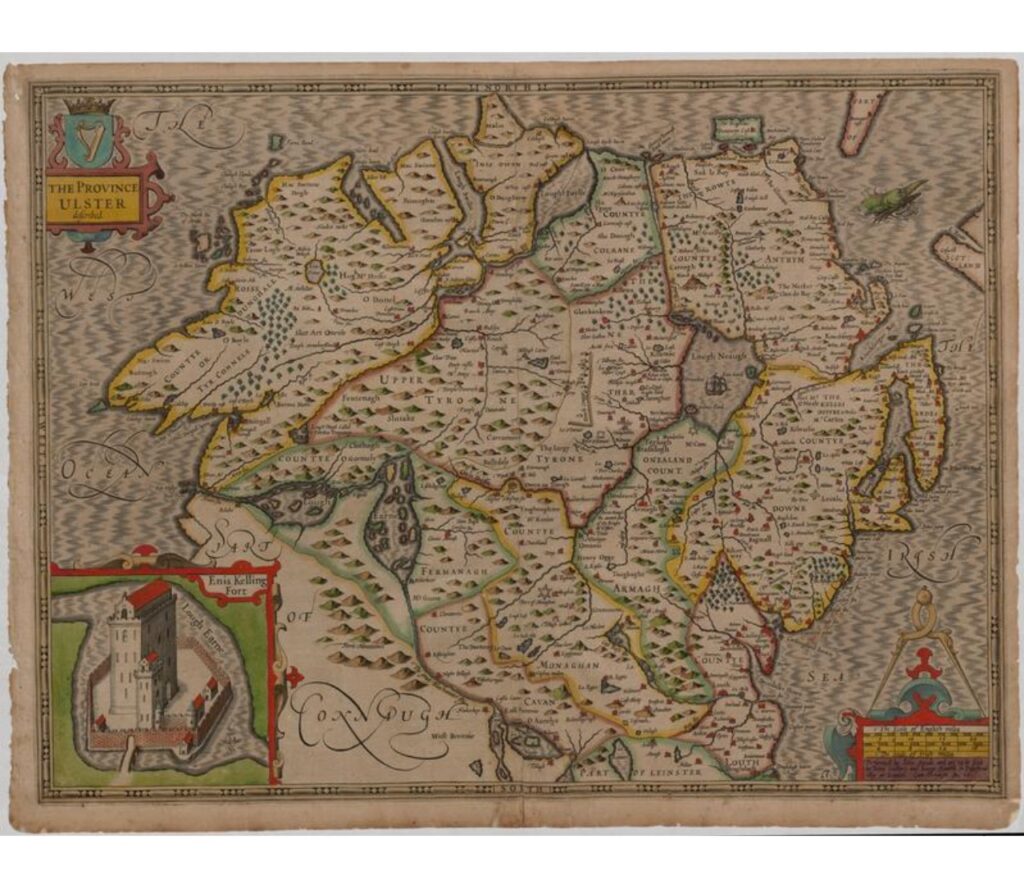 Map of Ulster by John Speed. A map of Enniskillen is in the bottom left corner.
