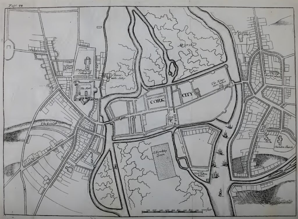 Map of Cork from 1690 showing the city beginning to develop to the north, south and east.