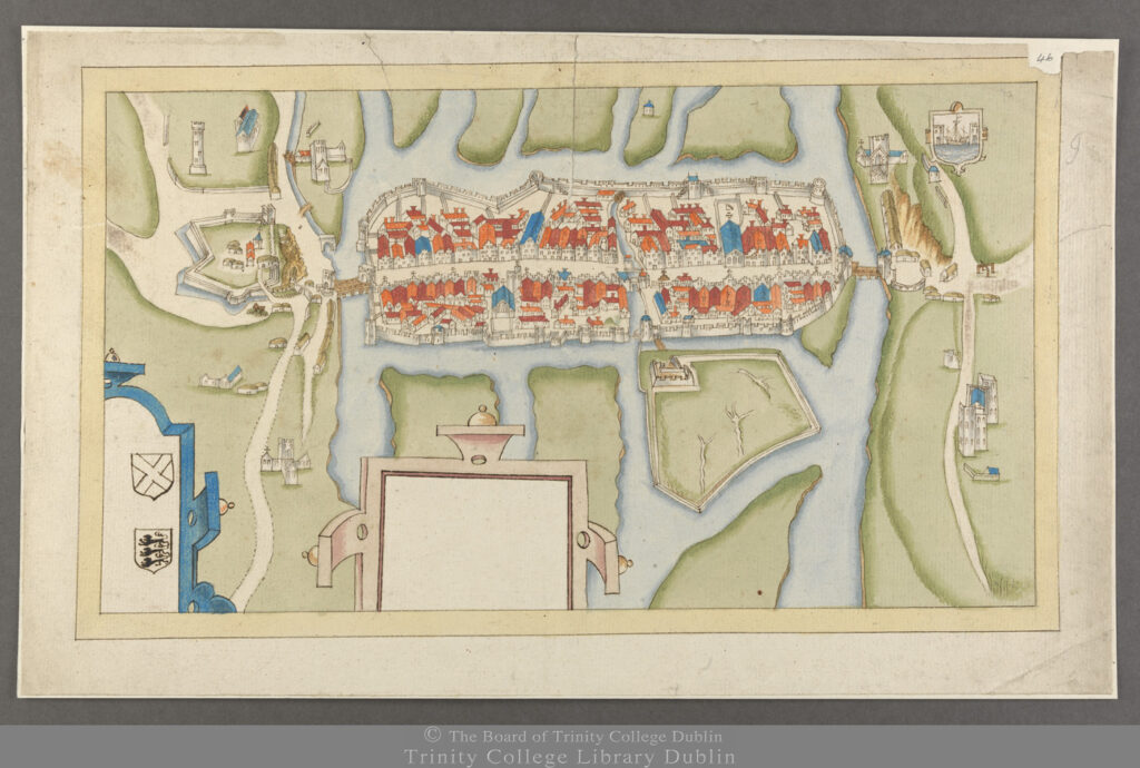 Coloured map of Cork from the Hardiman atlas. The north south orientation is on the west east axis. The city is walled with many coloured red roofs of houses showing. Various islands are present in the river around the city.