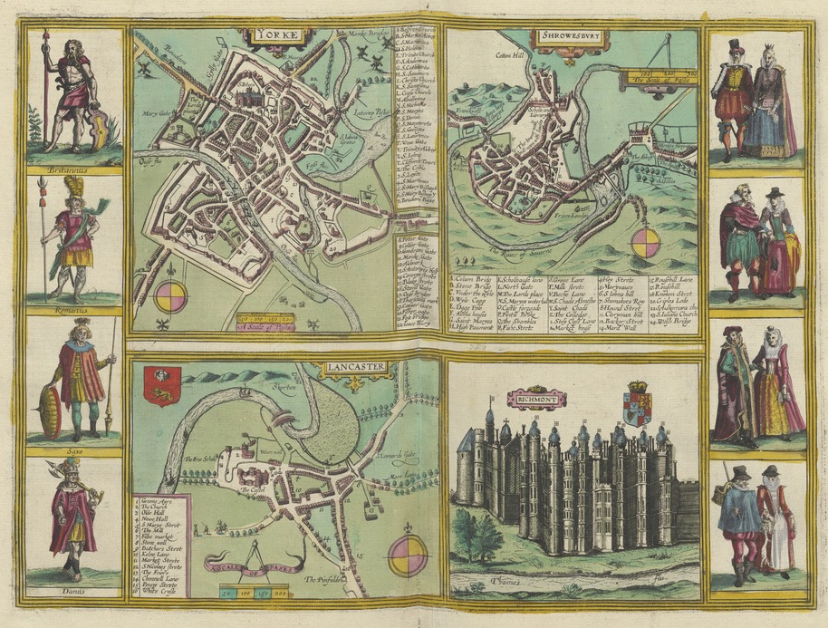 Folio opening of Civitates orbis terrarum from Utrecht University Library showing four early modern maps of York, Lancaster, Shrewsbury and Richmont. The sides of each page shows figures in historical dress.
