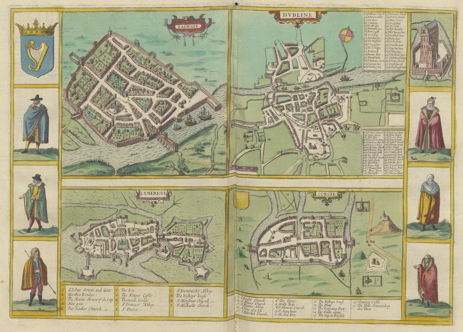 Folio opening of Civitates orbis terrarum from Utrecht University Library showing four early modern maps of Galway, Dublin, Limerick & Cork. The sides of each page shows figures in historical dress.
