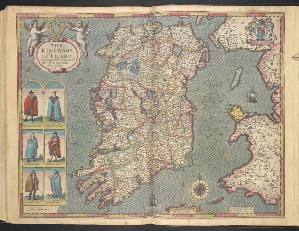 Map of Ireland by John Speed. Six figures are to the left of the western seaboard. 