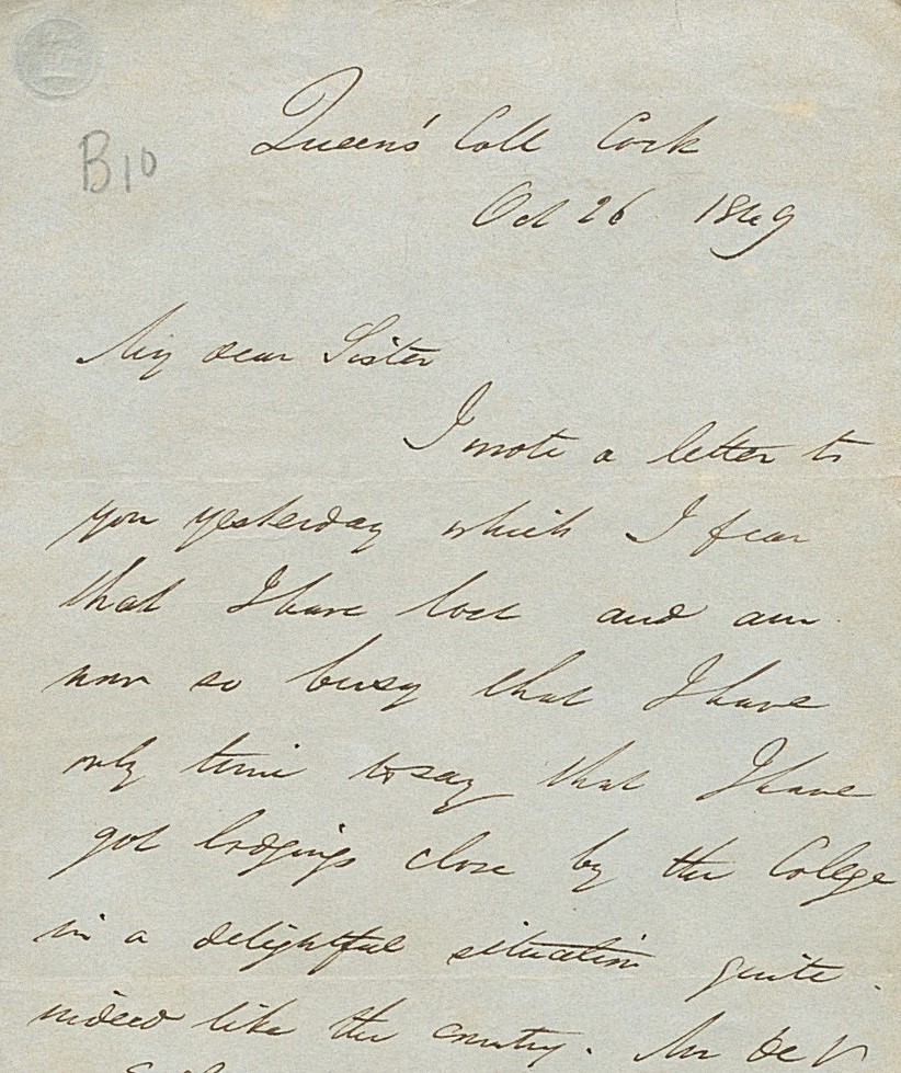 Part of a letter written by George Boole in Oct 1849 from Queen's College Cork to his sister, Mary Ann.