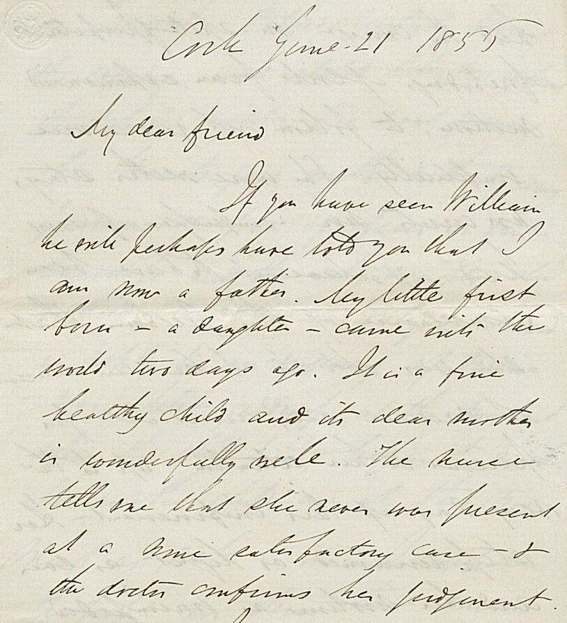 First page of a handwritten letter from George Boole to a friend, dated June 1856, announcing that he has become a father for the first time.