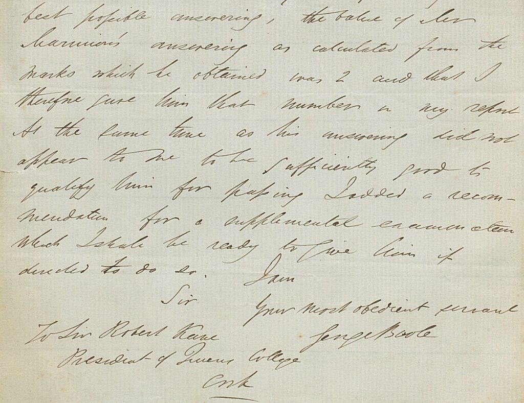 Letter by George Boole in 1858