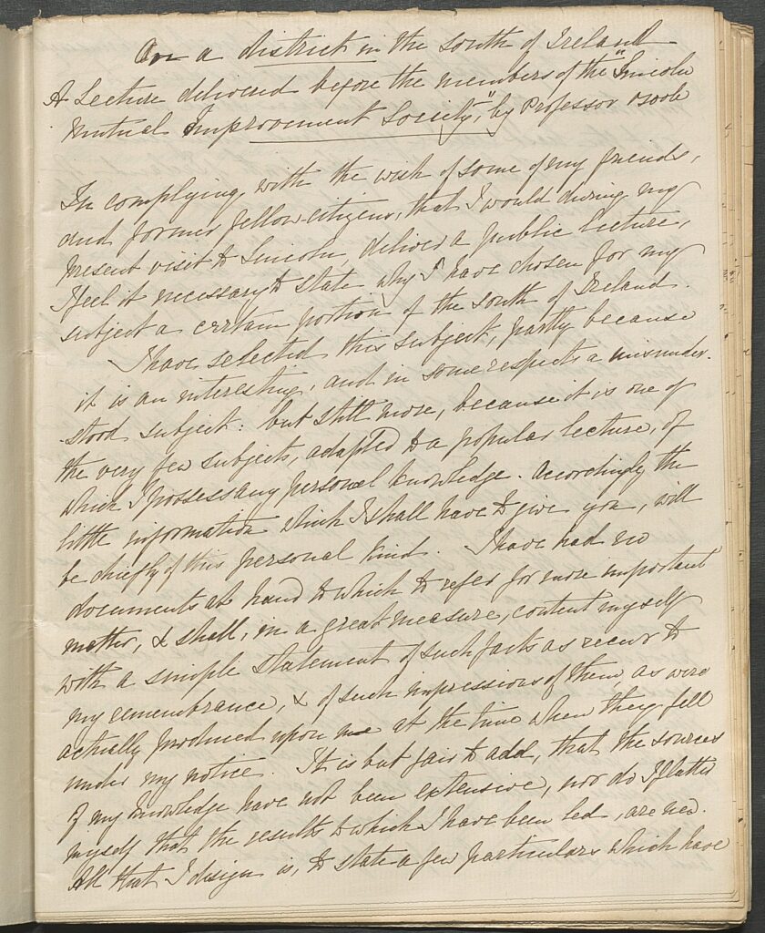 First page of handwritten lecture notes to members of the Lincoln Mutual Improvement Society given by Boole, published in the Lincoln Chronicle in 1851.