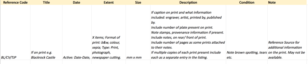 Finding aid template for prints with columns for reference code, title, date, extent, size, description, condition, note.