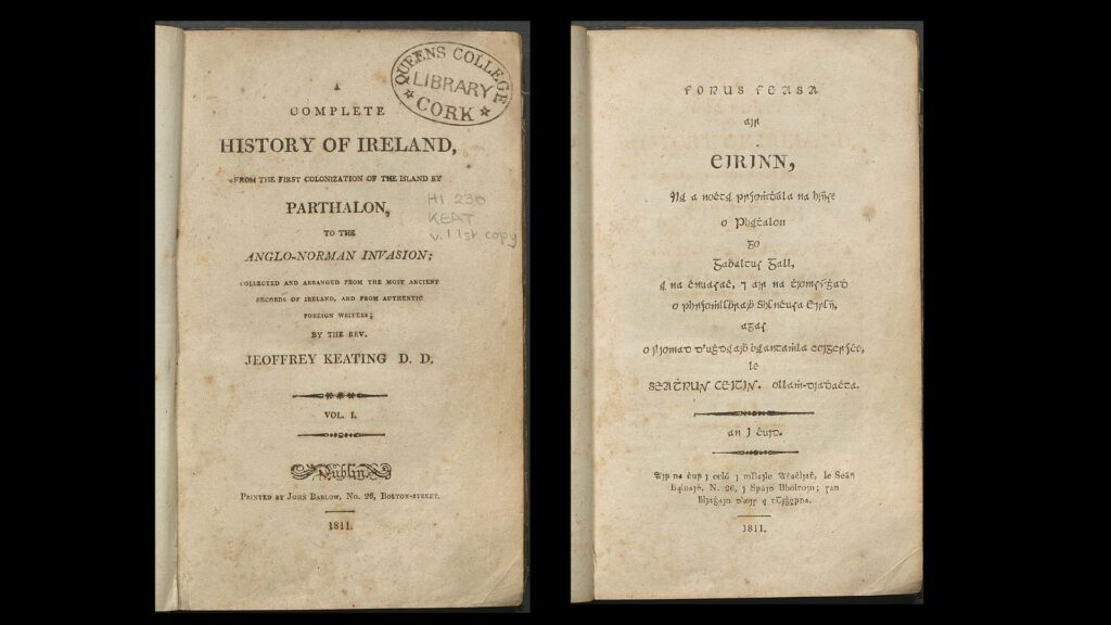 Title page in English with Queen's College Cork Library stamp on it. Title page in Irish in Gaelic type. 