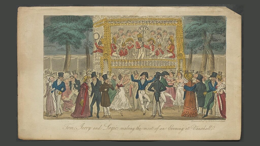Tom & Jerry print from 'Life in London': The crowd enjoys the Vauxhall Pleasure Gardens and amusement park.