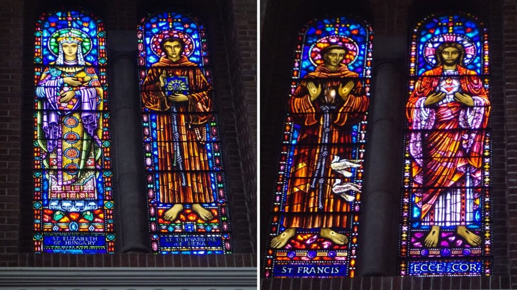 Two photographs of four of the saints in the stained glass windows in St Francis Church. 