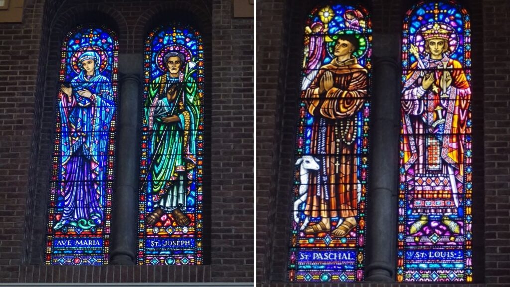 Two photographs of four of the saints in the stained glass windows in St Francis Church. 