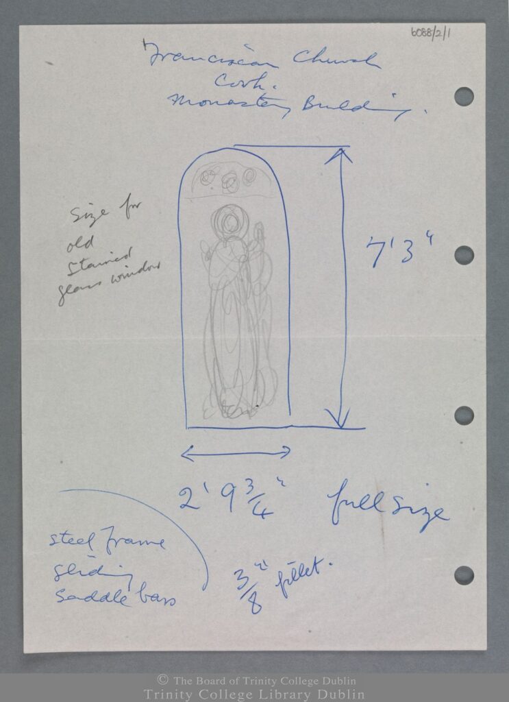 Notes and pencil sketch for a stained-glass window with an unidentified standing figure, done by the Harry Clarke Studios for St Francis Church, Cork. The image is from the Board of Trinity College Dublin.