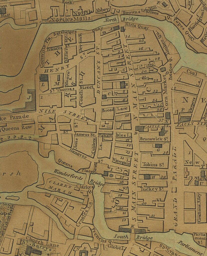 Map of Cork in 1801 showing North Main Street and the laneways off that street. Broad Lane is one of these.