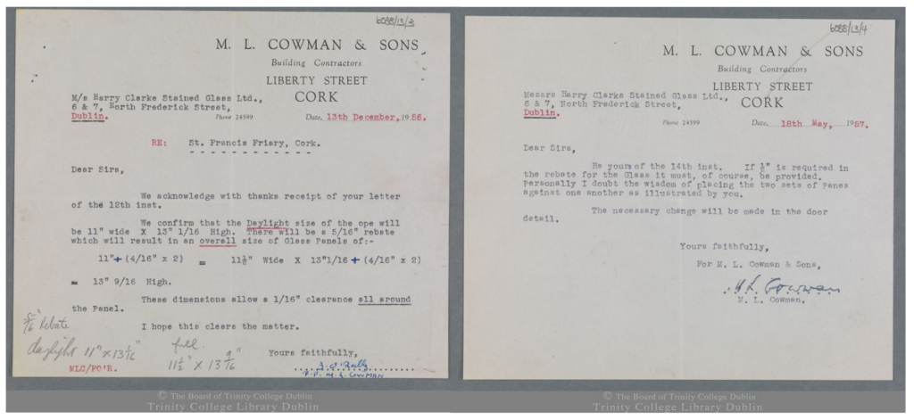 Letters from M.L. Cowman of M.L. Cowman & Sons Building Contractors to the Harry Clarke Studios regarding measurements for glass panels at St Francis Church, Cork. The images are from the Board of Trinity College Dublin.