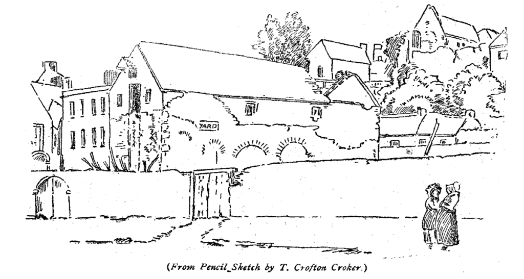 A sketch showing arches from the old medieval friary on the now North Mall in Cork. These arches are surrounded by buildings. 