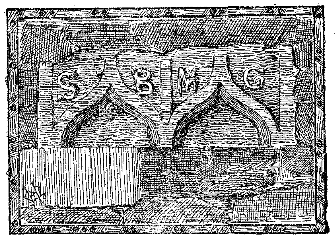Drawing of a double ogee-headed window, now inserted into the wall on Wise’s Hill. The letters S, B, M and C are present on the stone. 