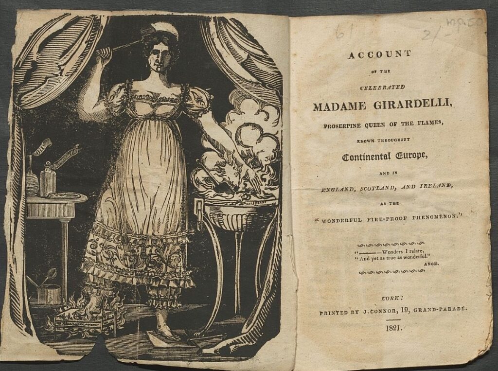Title page of 'Account of the celebrated Madame Girardelli, Proserpine Queen of the Flames.' The frontispiece opposite shows Madame Girardelli with her right foot and left hand in coals.