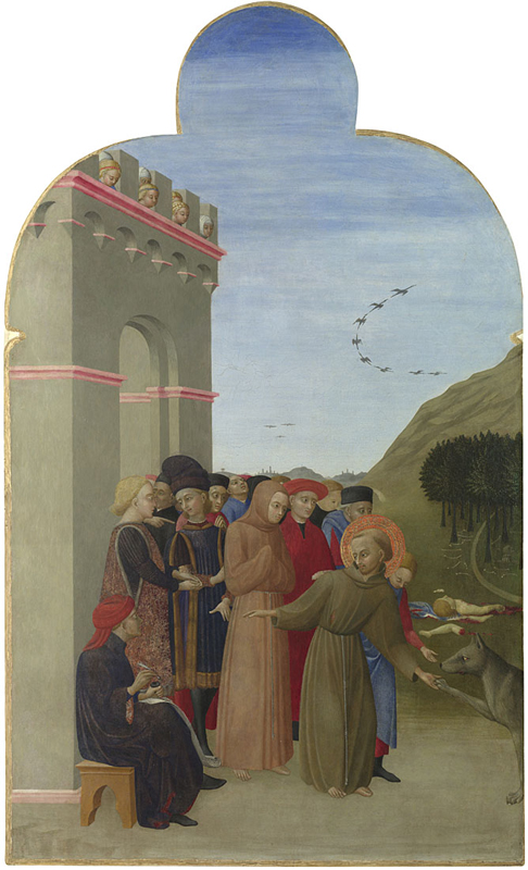 A painting showing St Francis of Assisi holding the paw of a wolf. Other people stand behind him and another person sits to one side.