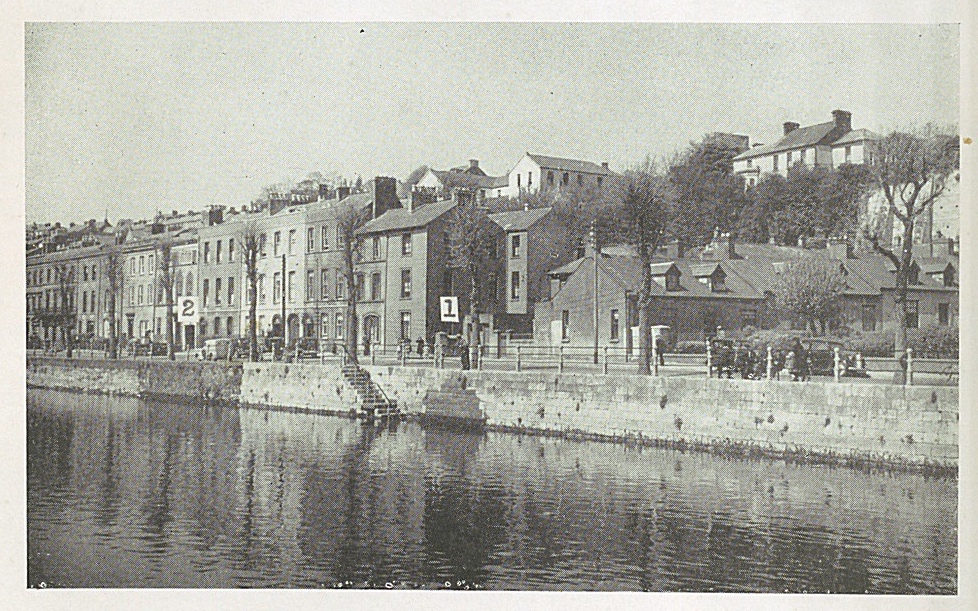 Photo of North Mall in Cork. Two points are placed on the photograph to indicate where remains of the old medieval friary were.