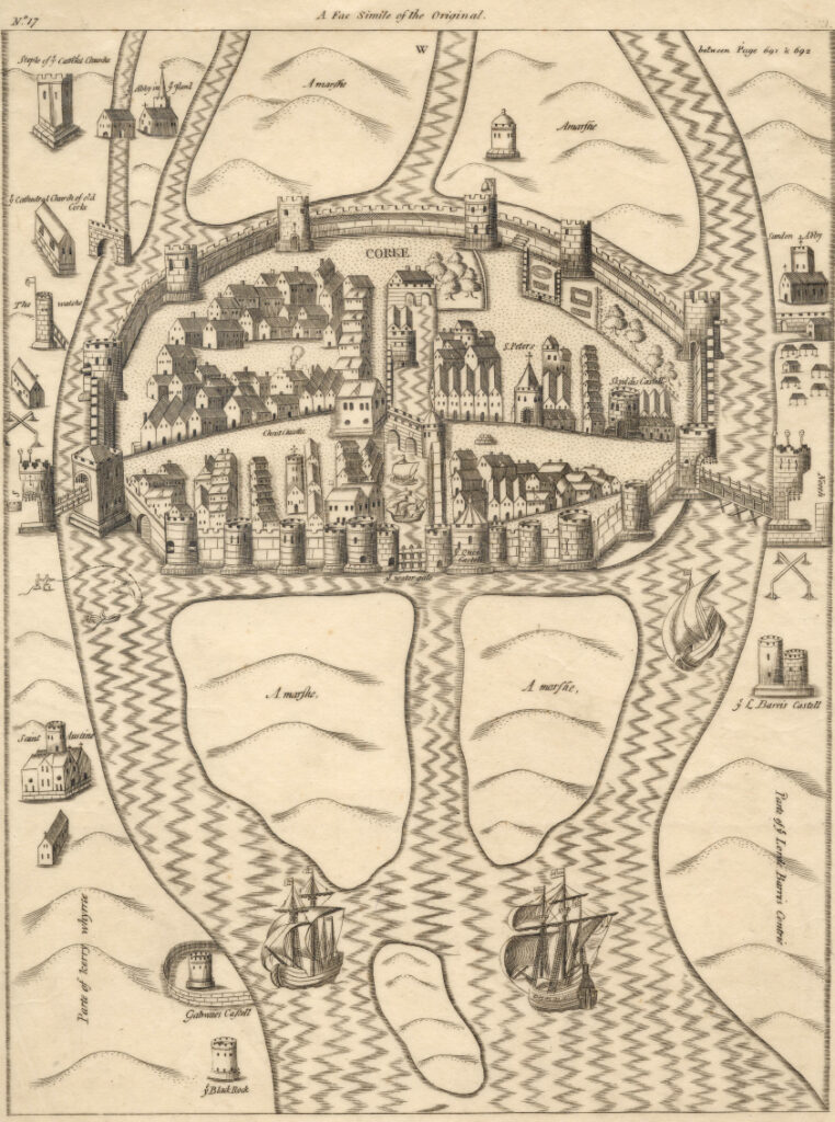 A 17th century map of Cork oriented west-east. The city is walled and surrounded by river. Three ships are on the river channels.