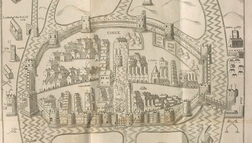 A 17th century map of Cork oriented west-east. The Franciscan friary is on the right of the map. The city is walled and surrounded by river.