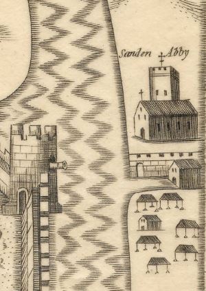 Map of 17th century Cork showing the words 'Sanden Abby' and a drawing of the building outside the walls of Cork.